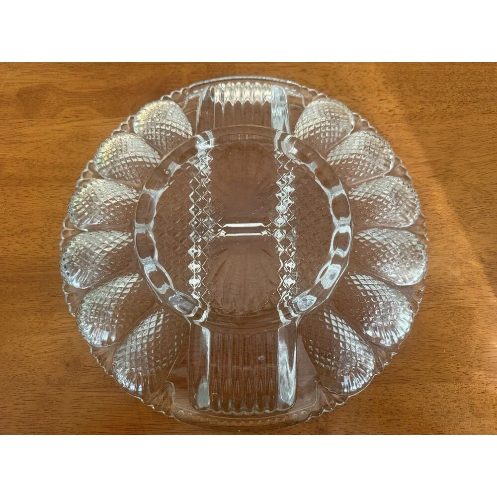 Vintage LE Smith Clear Heavy Glass Deviled 12 Egg Plate Relish Tray